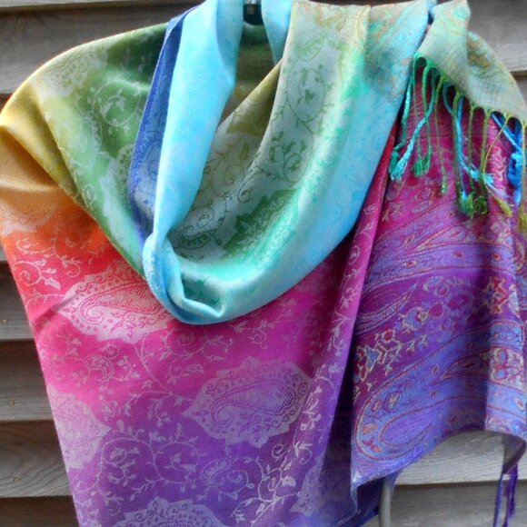 Bright Rainbow Paisley Pashmina Scarf Festival Shawl Women Head Wraps Boho Chic - Picture 4 of 4